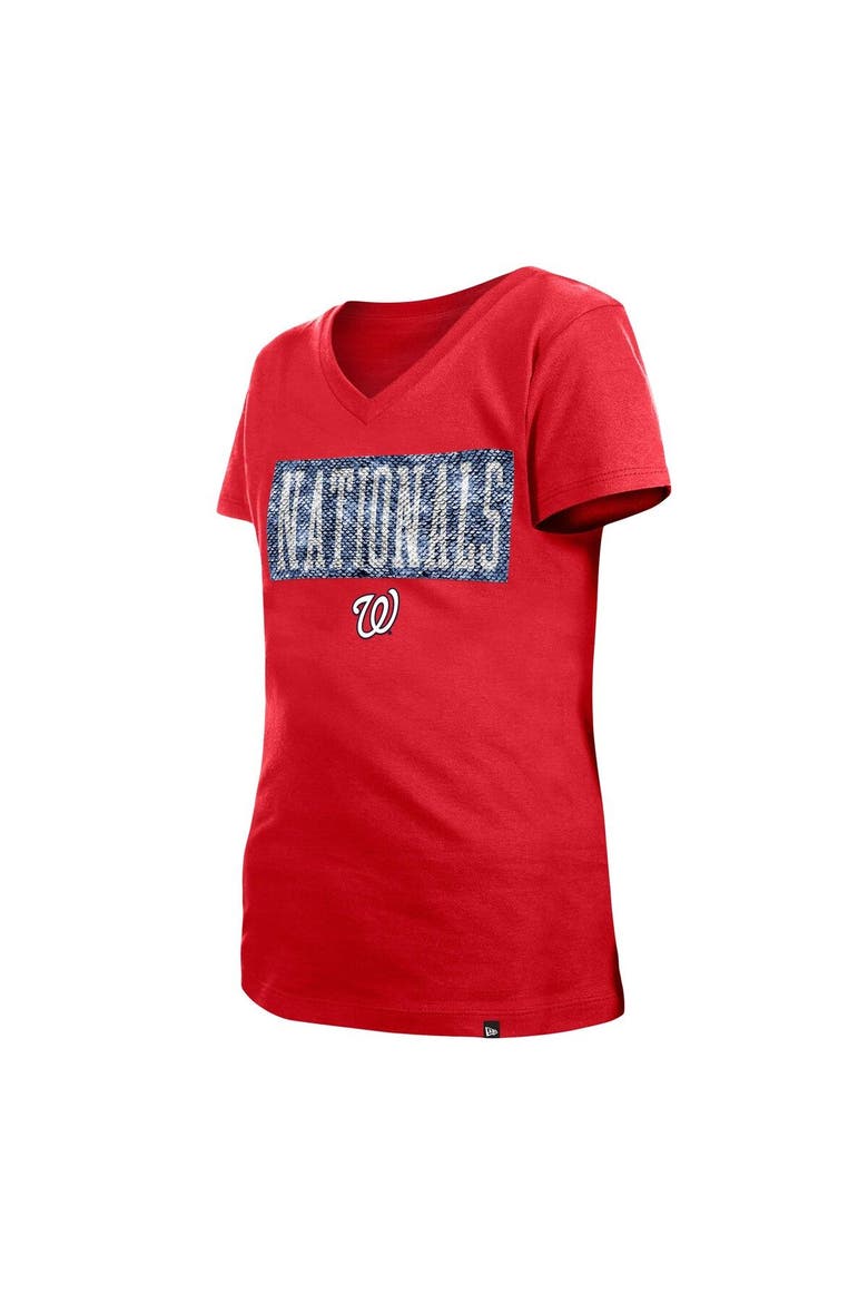 Girls Youth New Era Red Washington Nationals Flip Sequin Team V-Neck T-Shirt, Alternate, color, Red