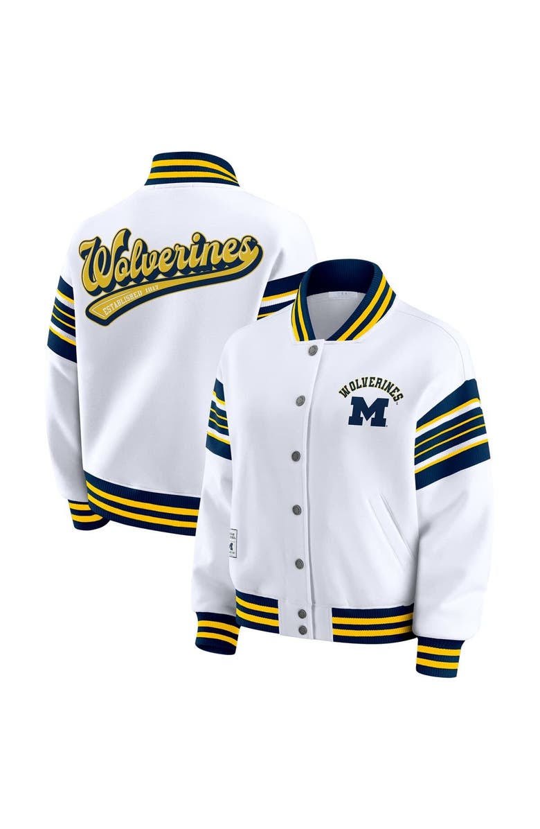 WEAR by Erin Andrews Women's WEAR by Erin Andrews White/Navy Michigan Wolverines Satin Stitch Full-Snap Fleece Sweatshirt Jacket, Main, color, White
