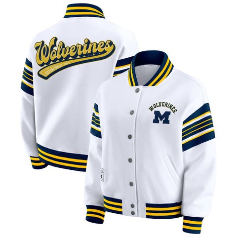 Women's WEAR by Erin Andrews White/Navy Michigan Wolverines Satin Stitch Full-Snap Fleece Sweatshirt Jacket