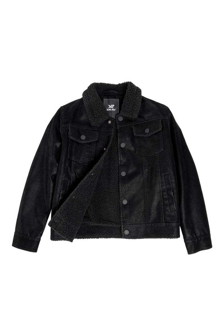 Kids' Fleece Lined Faux Leather Trucker Jacket, Alternate, color, BLACK