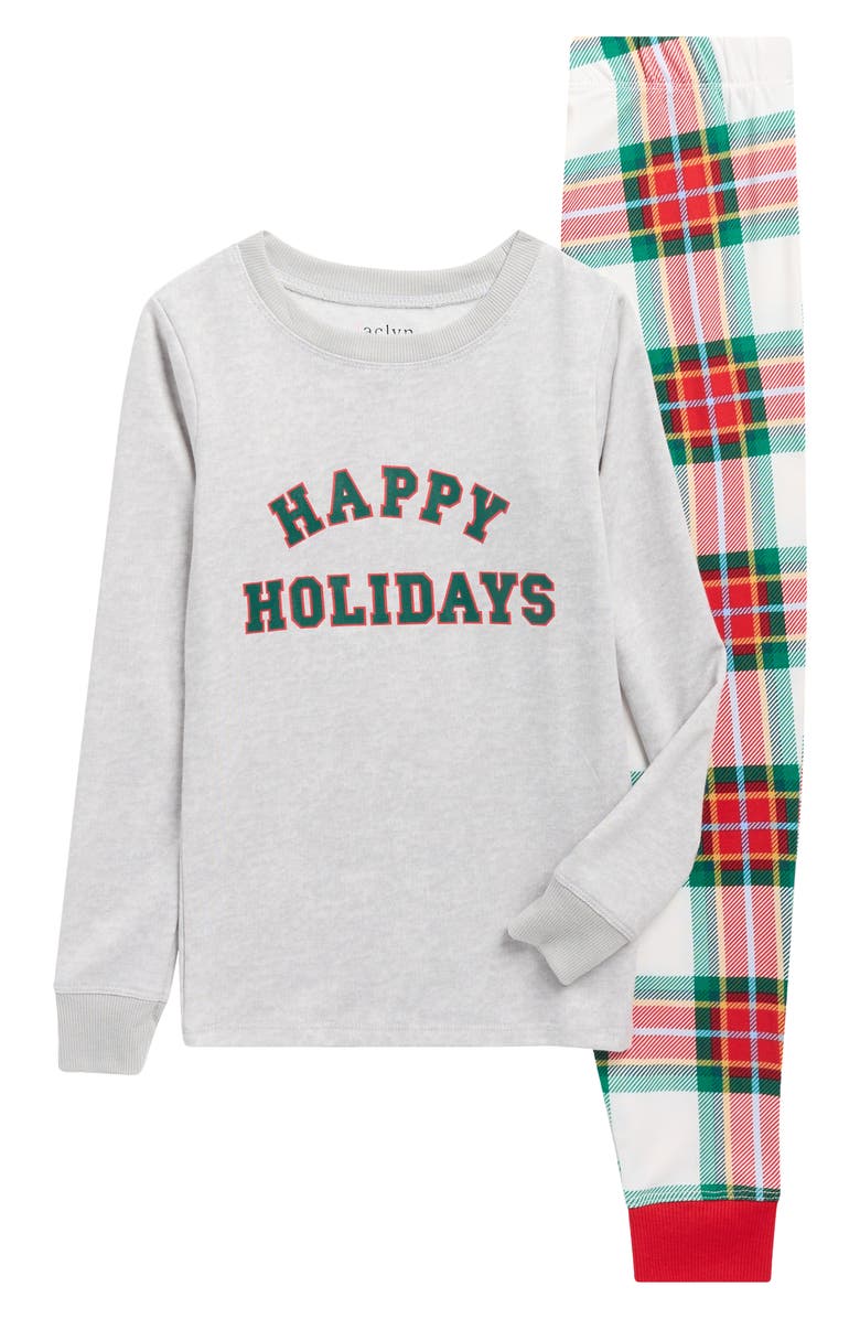 JACLYN Kids' Matching Family Happy Holidays Fitted Two-Piece Pajamas, Main, color, Candy Tartan
