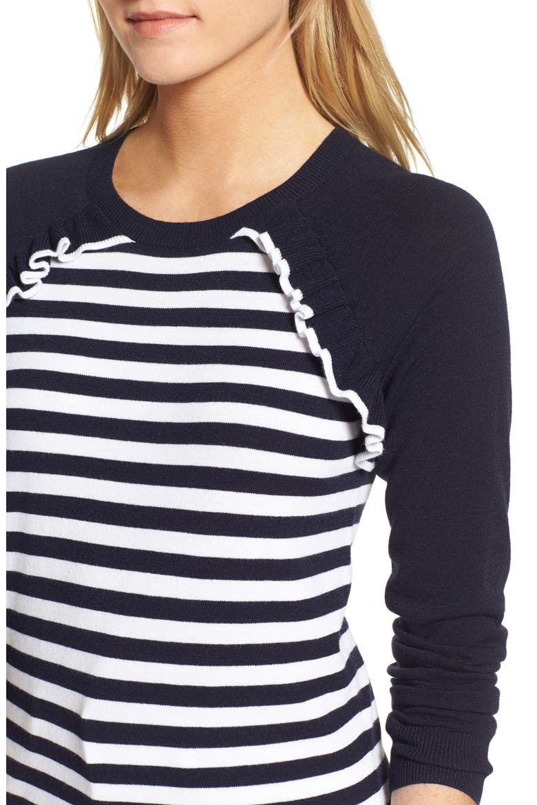 Ruffle Trim Stripe Sweater, Alternate, color, NAVY- WHITE STRIPE