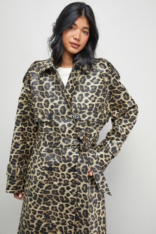 Warehouse Leopard Print Trench Coat In Green