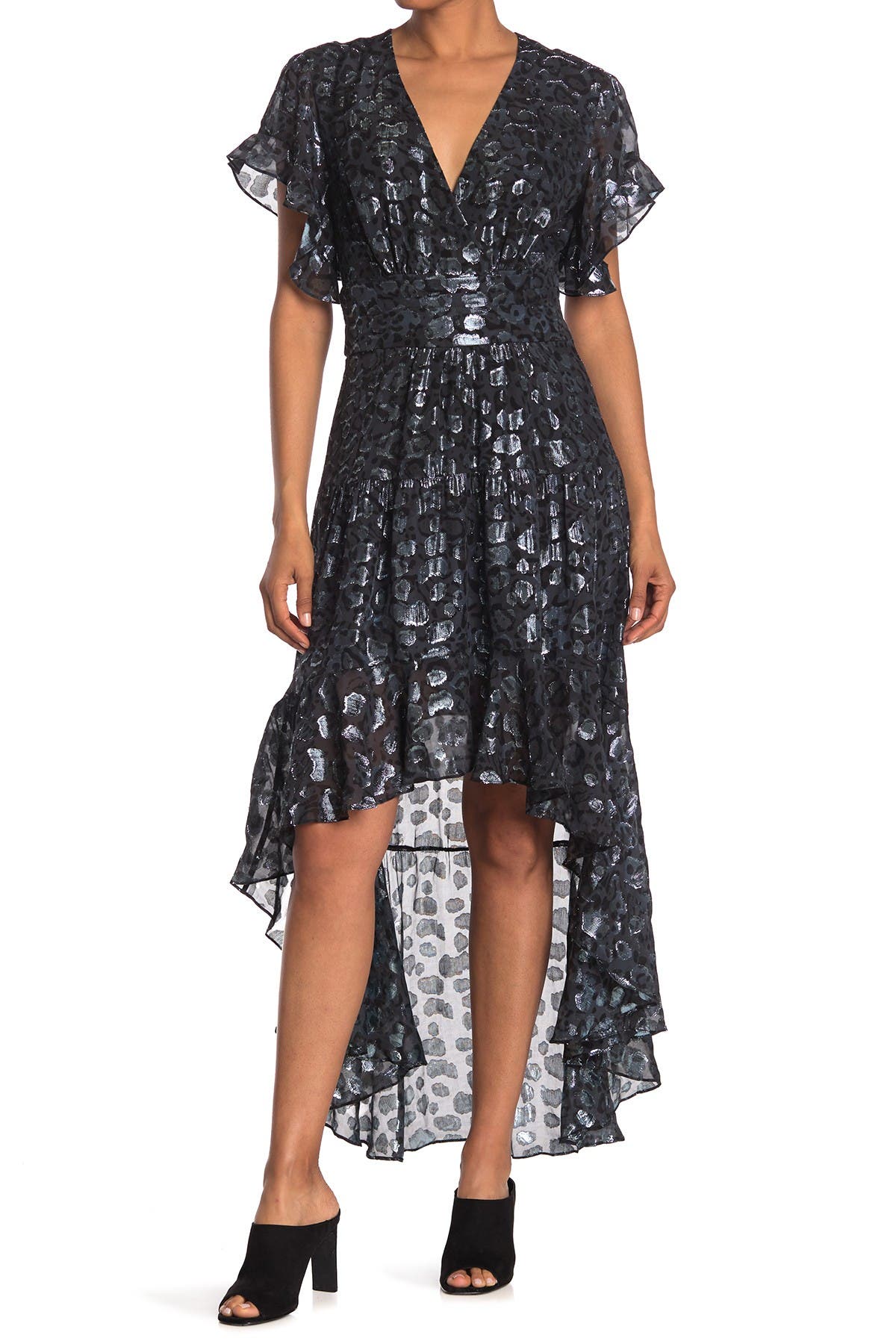 ba&sh Grac Foil Design Silk Blend Flutter Sleeve High/Low Dress (Women ...