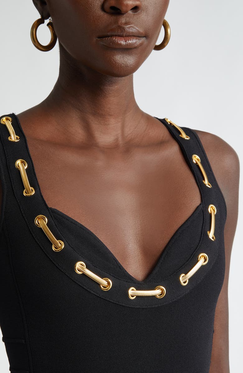 ST. JOHN Chain Embellished Milano Stitch Dress, Alternate, color, Black