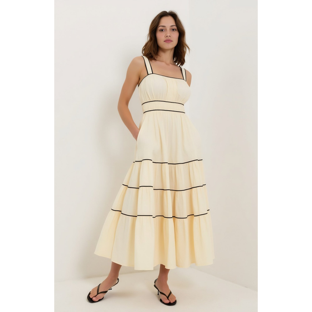 Modenaire Strappy Tiered Maxi Dress With Contrasting Trim And Flowing Silhouette In Yellow