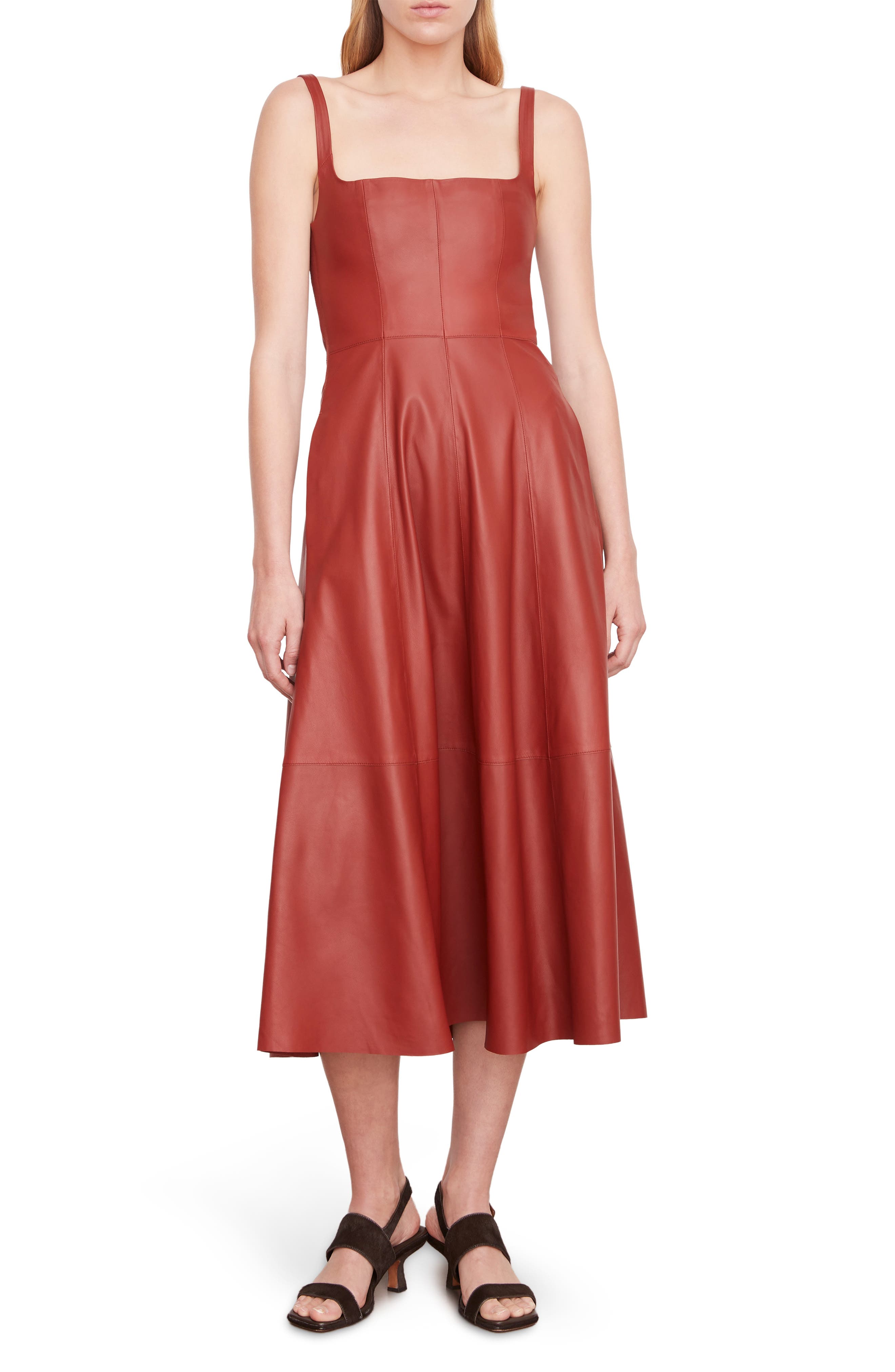 Vince Square Neck Leather A-Line Dress