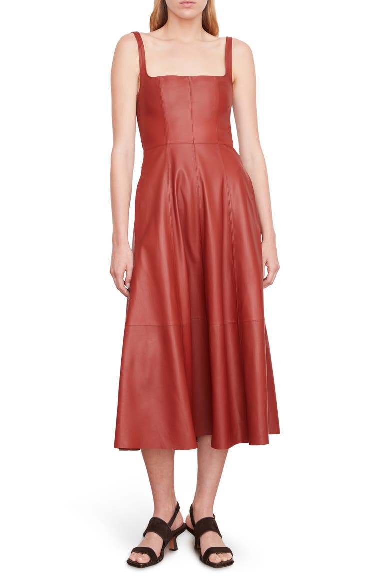 Square Neck Leather A-Line Dress, Main, color, RED DAHLIA