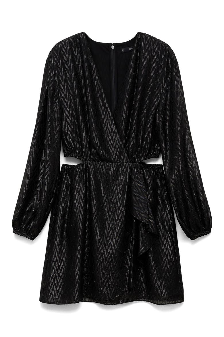 Metallic Long Sleeve Cutout Faux Wrap Dress, Alternate, color, BLACK