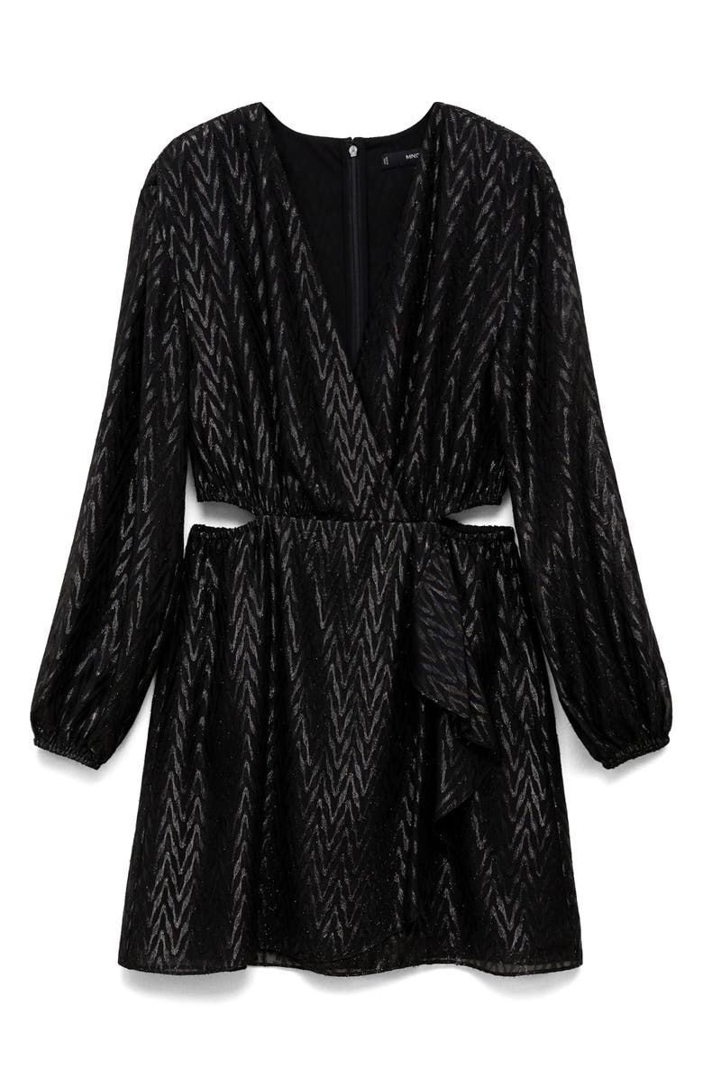 MANGO Metallic Long Sleeve Cutout Faux Wrap Dress, Alternate, color,
