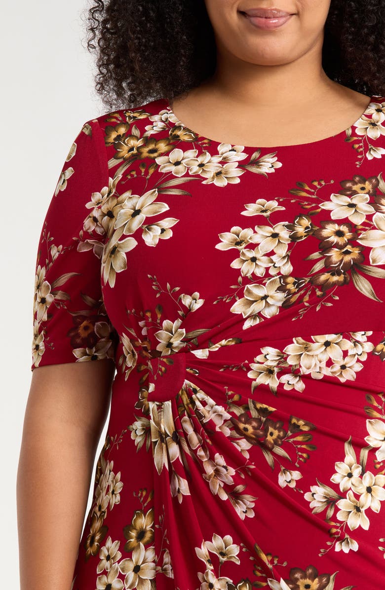 Connected Apparel Floral Side Ruched Faux Wrap Dress, Alternate, color, Crimson