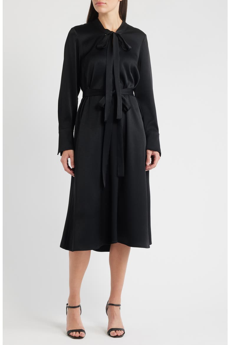 Bambi Tie Waist Long Sleeve Satin Dress, Main, color, BLACK