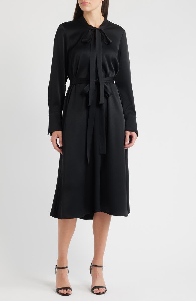KOBI HALPERIN Bambi Tie Waist Long Sleeve Satin Dress, Main, color, Black