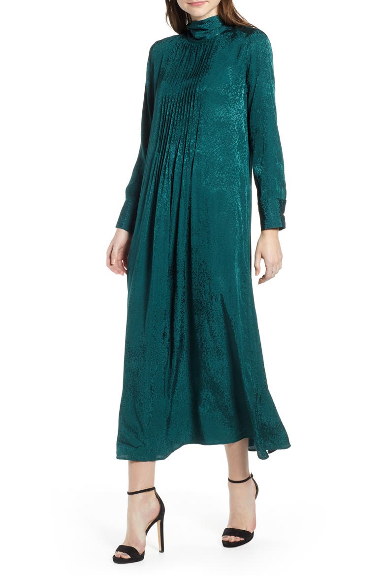 Jacquard Pintuck Satin Midi Dress, Main, color, FOREST