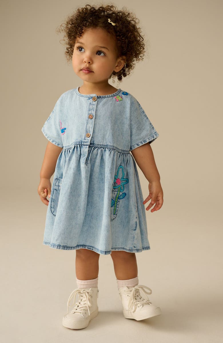 NEXT Kids' Floral Embroidered Denim Shirtdress, Alternate, color,