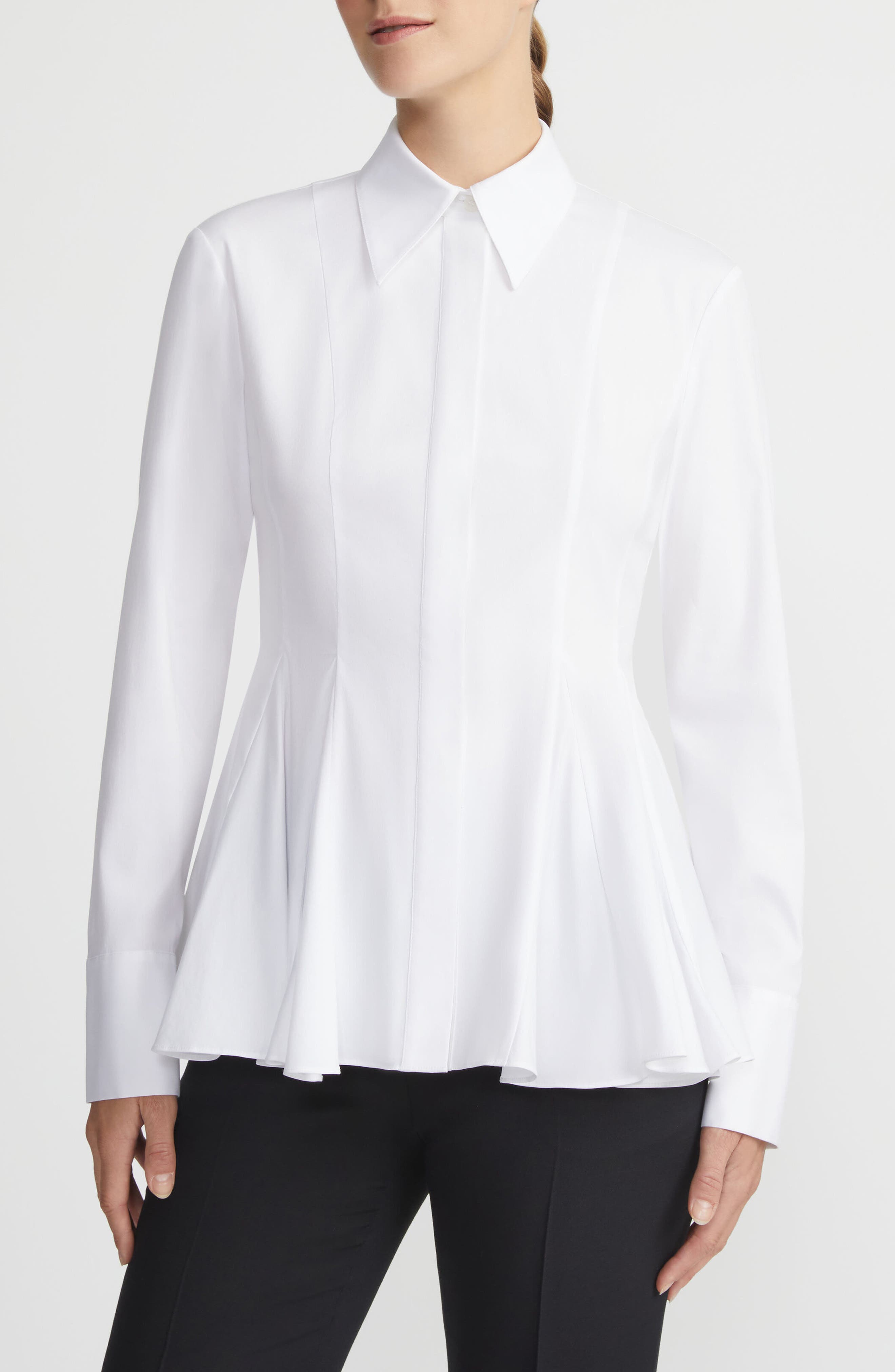 Lafayette 148 New York Godet Pleat Stretch Poplin Peplum Shirt