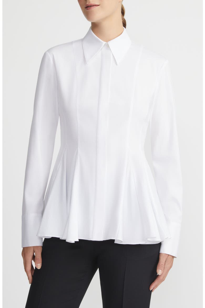 Godet Pleat Stretch Poplin Peplum Shirt, Main, color, WHITE