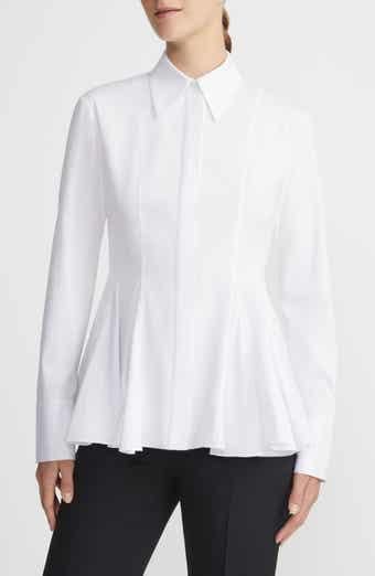 Lafayette 148 New York Godet Pleat Stretch Poplin Peplum Shirt