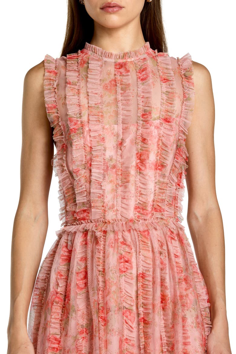 Floral Mesh High Neck Micro Ruffle Midi Dress, Alternate, color, Rose Multi