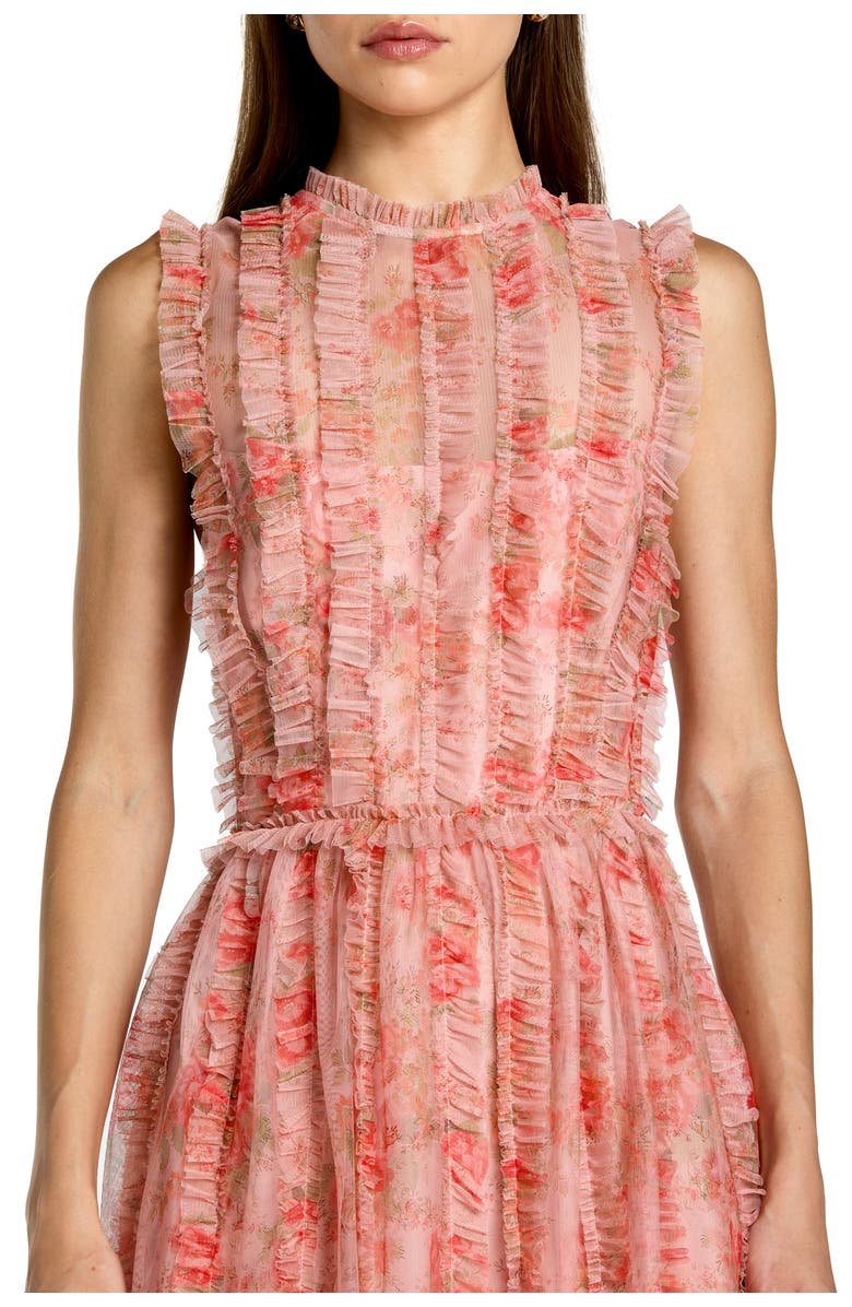 Mac Duggal Floral Mesh High Neck Micro Ruffle Midi Dress, Alternate, color, Rose Multi