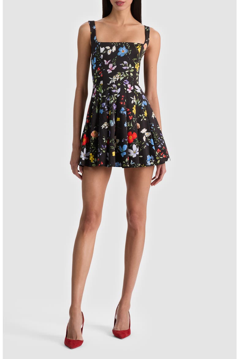 Veda Floral Pleated Stretch Cotton Minidress, Main, color, TWISTING VINES BLACK