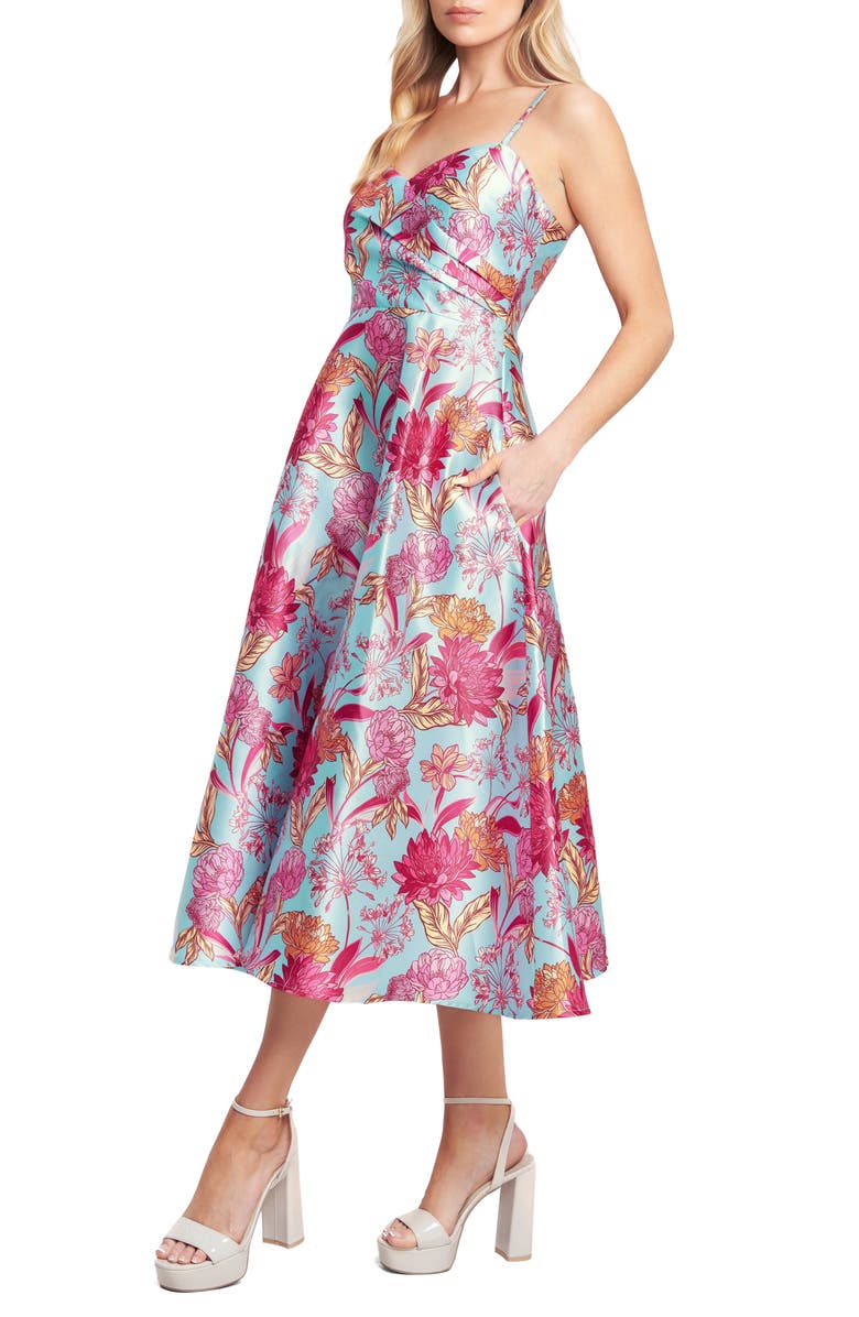 FLYING TOMATO Floral Satin Midi Dress, Alternate, color, Light Blue