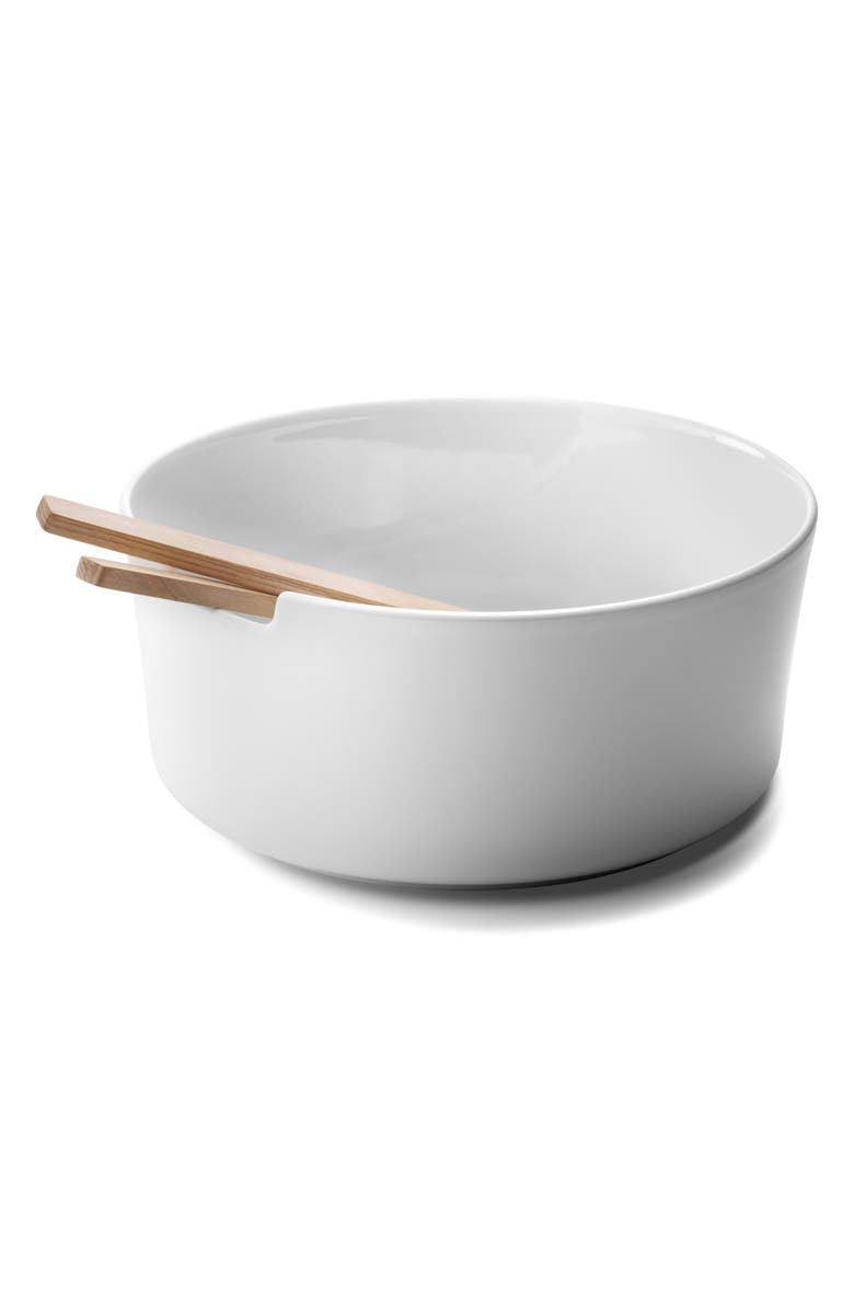 LSA Collective Salad Glass Bowl with Wooden Servers, Alternate, color, White