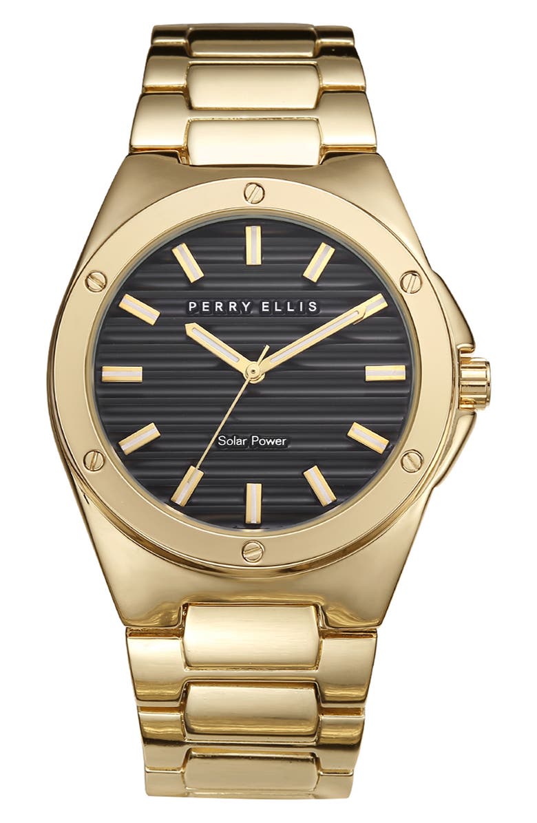 Perry Ellis Solar Powered Quartz Bracelet Watch, 41mm, Main, color, Gold