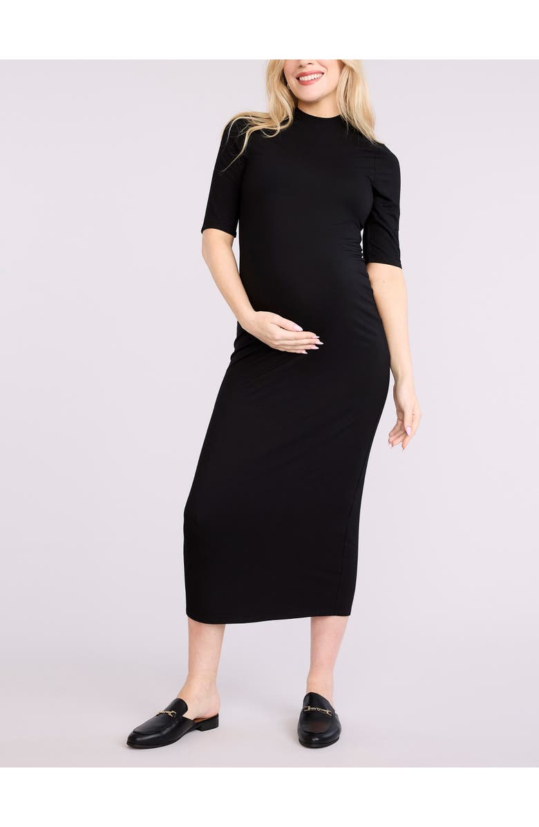 MOTHERHOOD MATERNITY Mock Neck 3/4 Sleeve Ribbed Maxi Dress, Main, color, Black