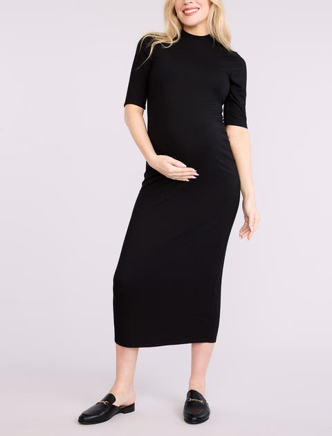 Mock Neck 3/4 Sleeve Ribbed Maxi Dress