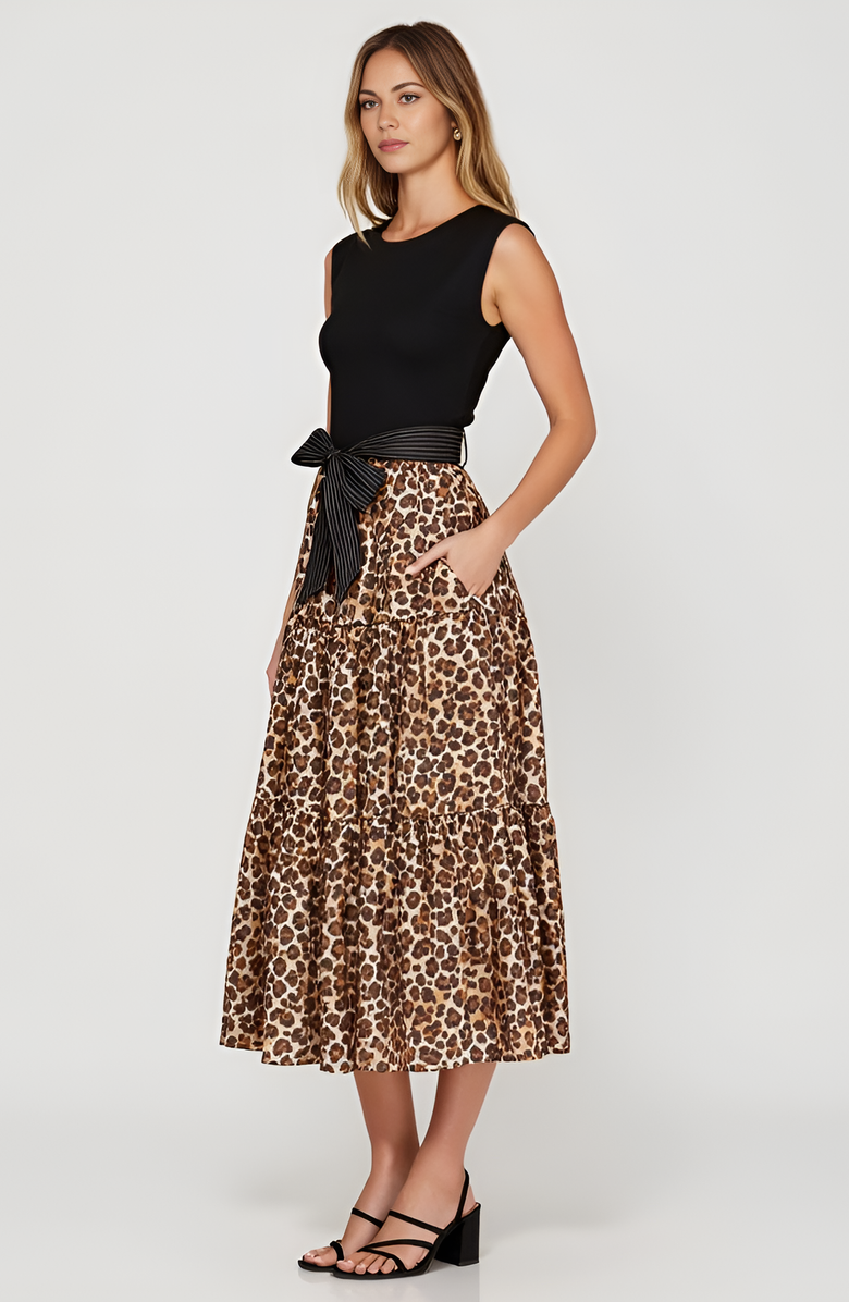 Modenaire Sleeveless Mixed-Media Midi Dress with Contrast Waist Tie, Alternate, color, 