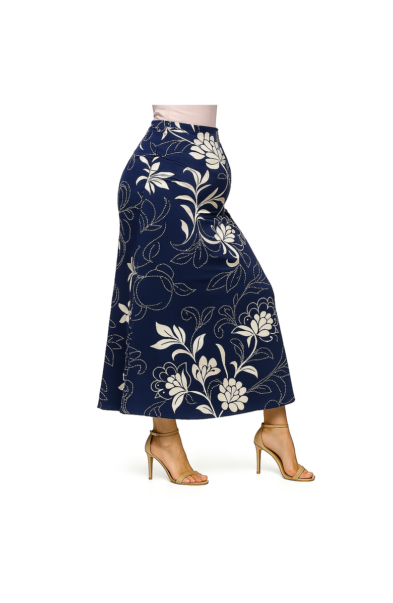 24seven Comfort Apparel Maternity Navy Floral Print Elastic Waist A-Line Maxi Skirt, Alternate, color, Blue Multi