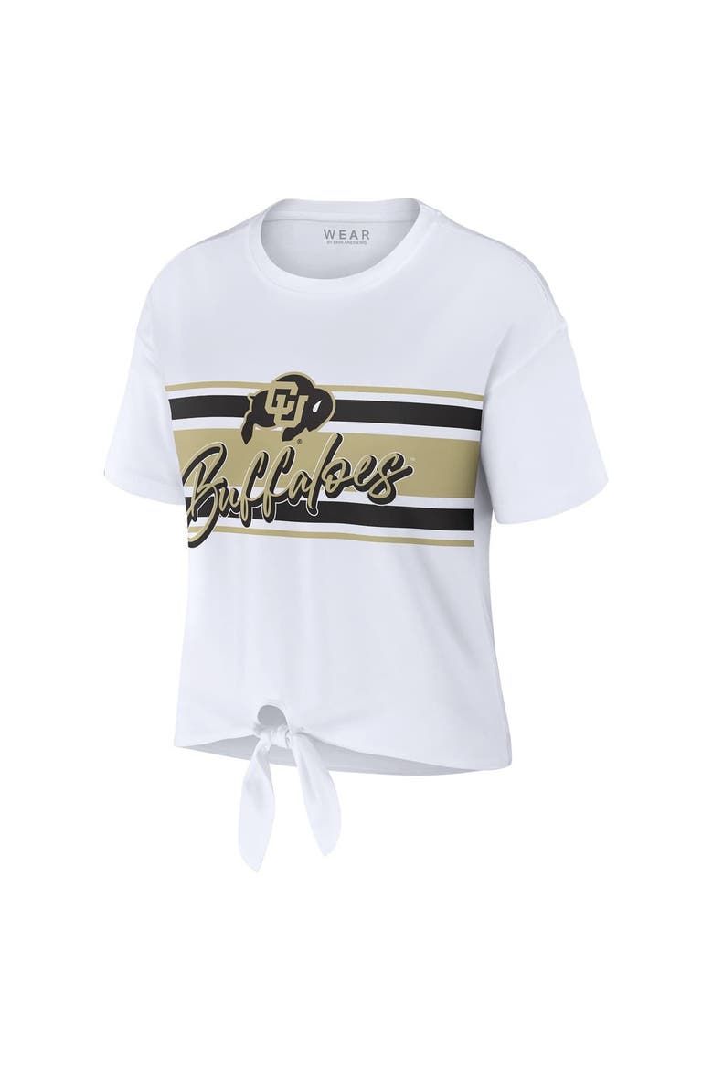 Women's WEAR by Erin Andrews White Colorado Buffaloes Striped Front Knot Cropped T-Shirt, Alternate, color, White