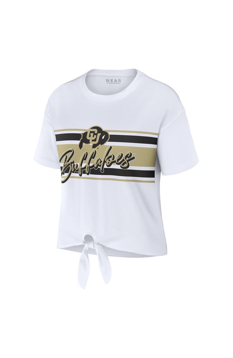 WEAR by Erin Andrews Women's WEAR by Erin Andrews White Colorado Buffaloes Striped Front Knot Cropped T-Shirt, Alternate, color, White