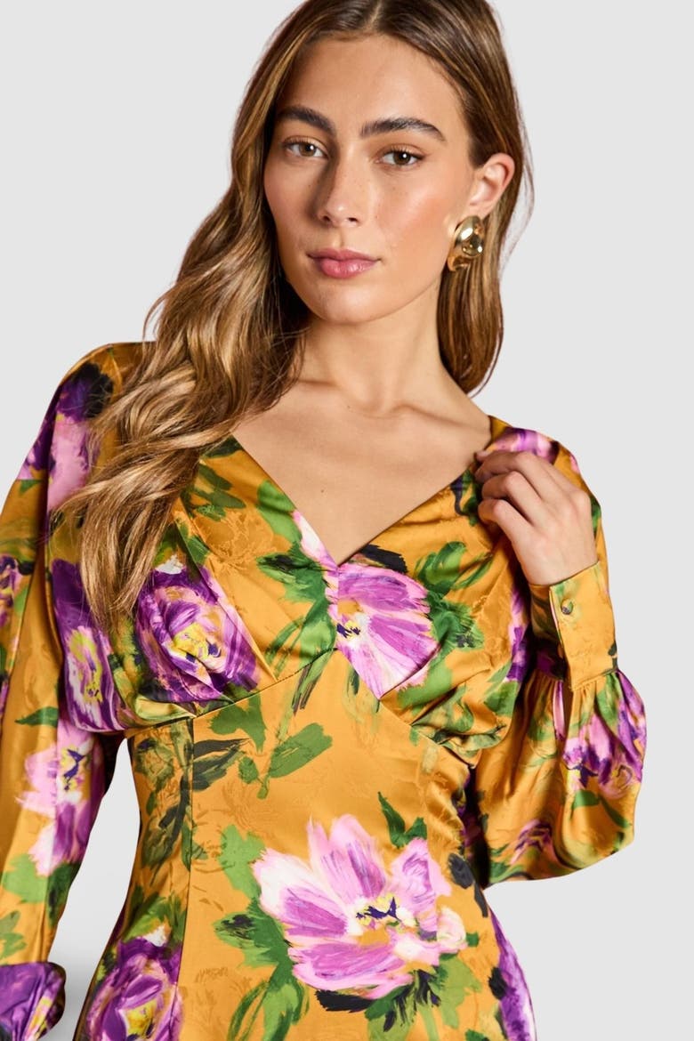 Printed Satin Cowl Back Maxi Dress, Alternate, color, Chartreuse