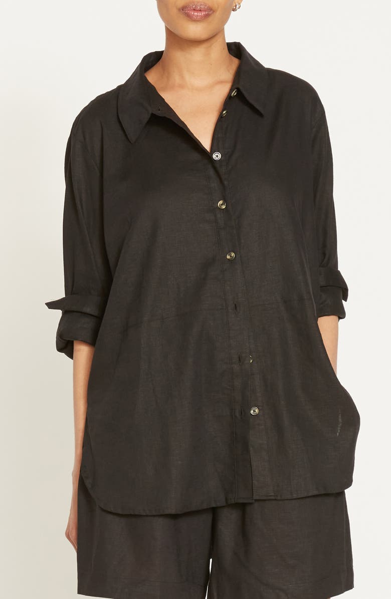 Universal Standard Dawn High/Low Linen Blend Shirt, Main, color, Black