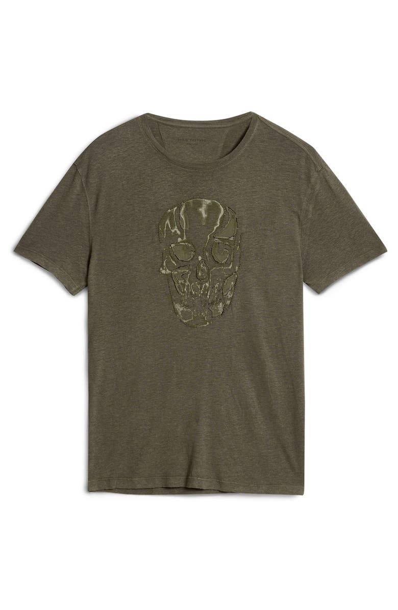 John Varvatos Chain Skull Appliqué Slub Linen Blend T-Shirt, Alternate, color, Olive Leaf