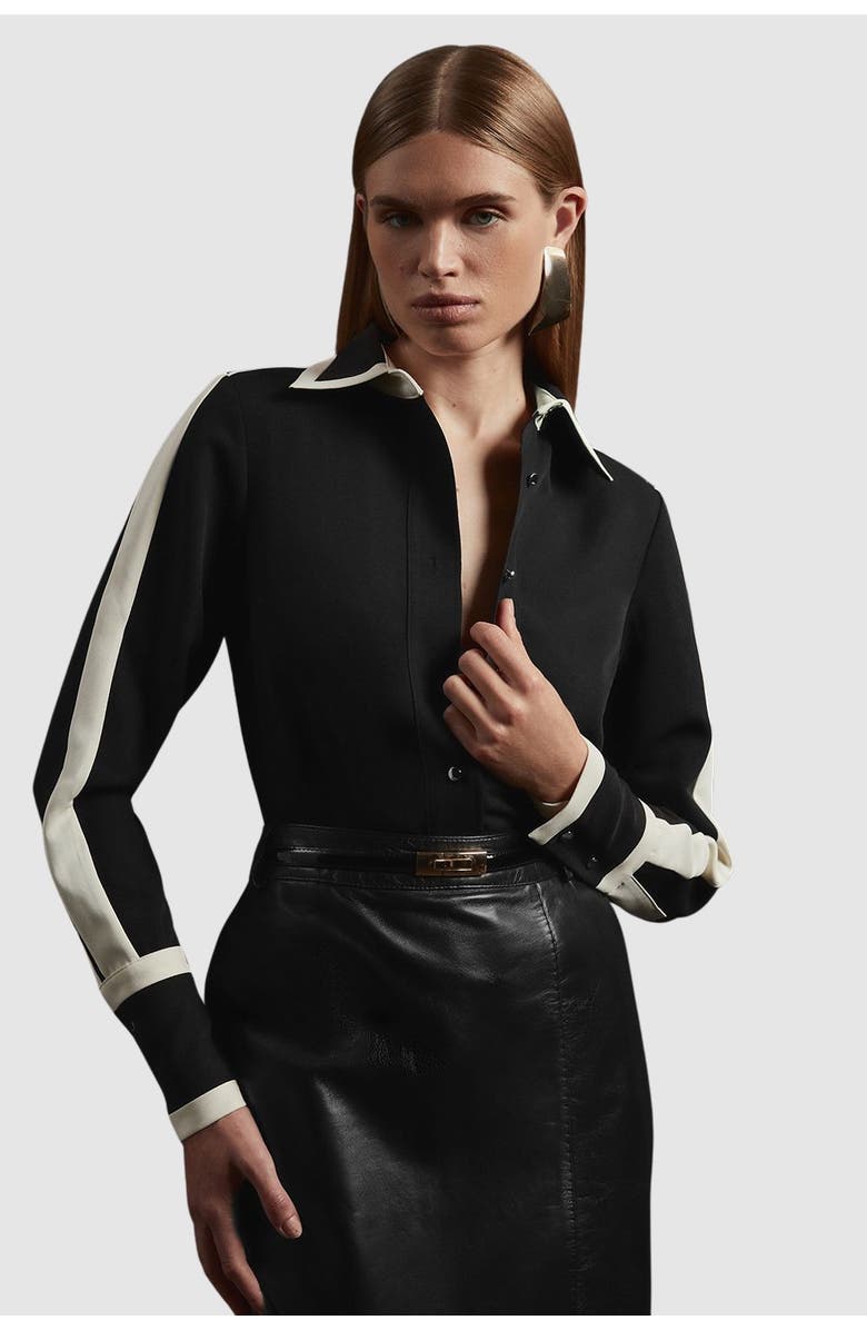 Karen Millen Colour Block Twill Woven Shirt, Main, color, Black