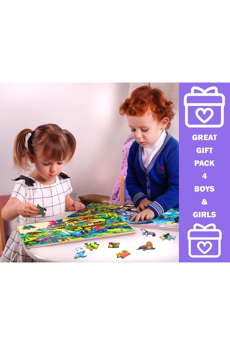 4x60 Piece Kids Wooden Jigsaw Puzzles, Alternate, color, Animals Dino City Bugs