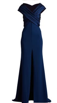 Tadashi Shoji Portrait Neck Taffeta Gown