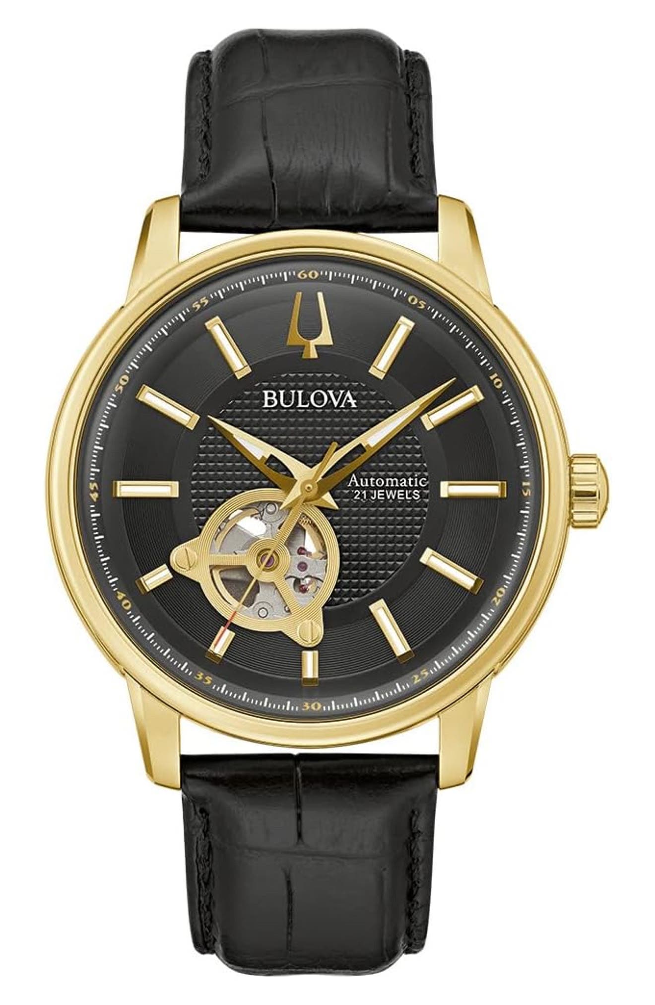 BULOVA Classic Croc Embossed Leather Strap Watch, 45mm