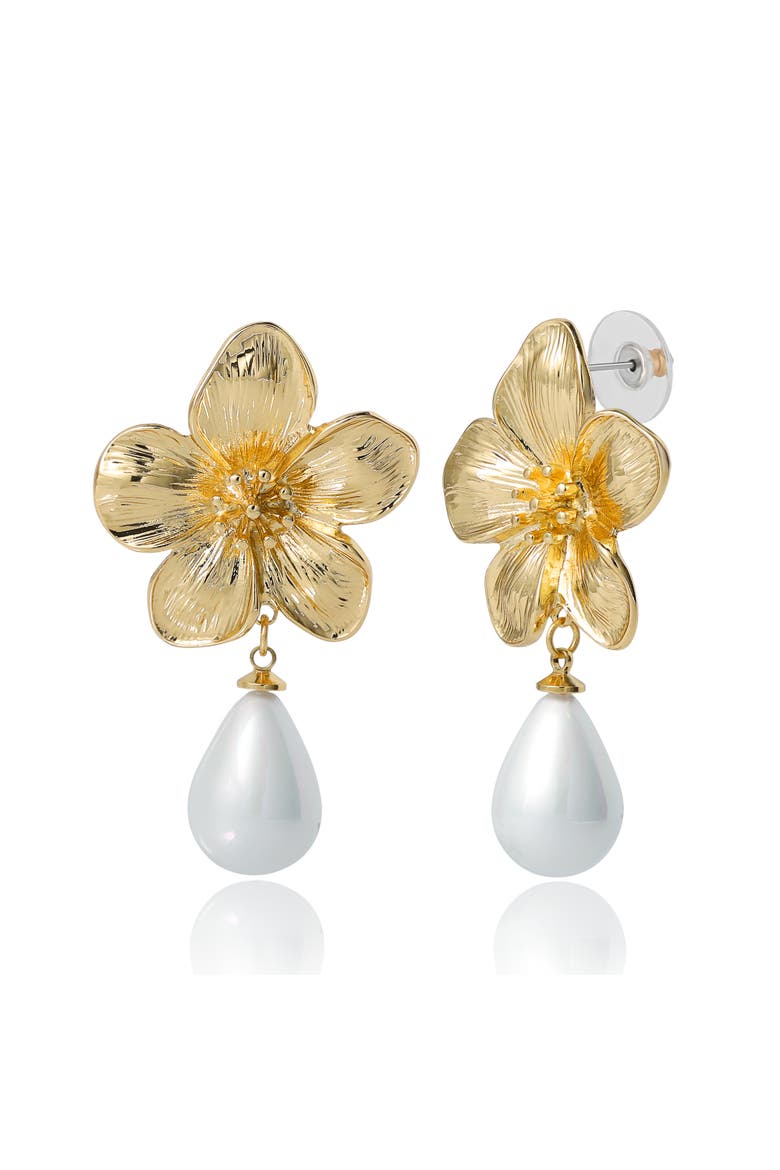 Gold-Tone Flower Earrings with Dangling Faux Pearl, Drop Earrings for Women, Main, color, Gold tone