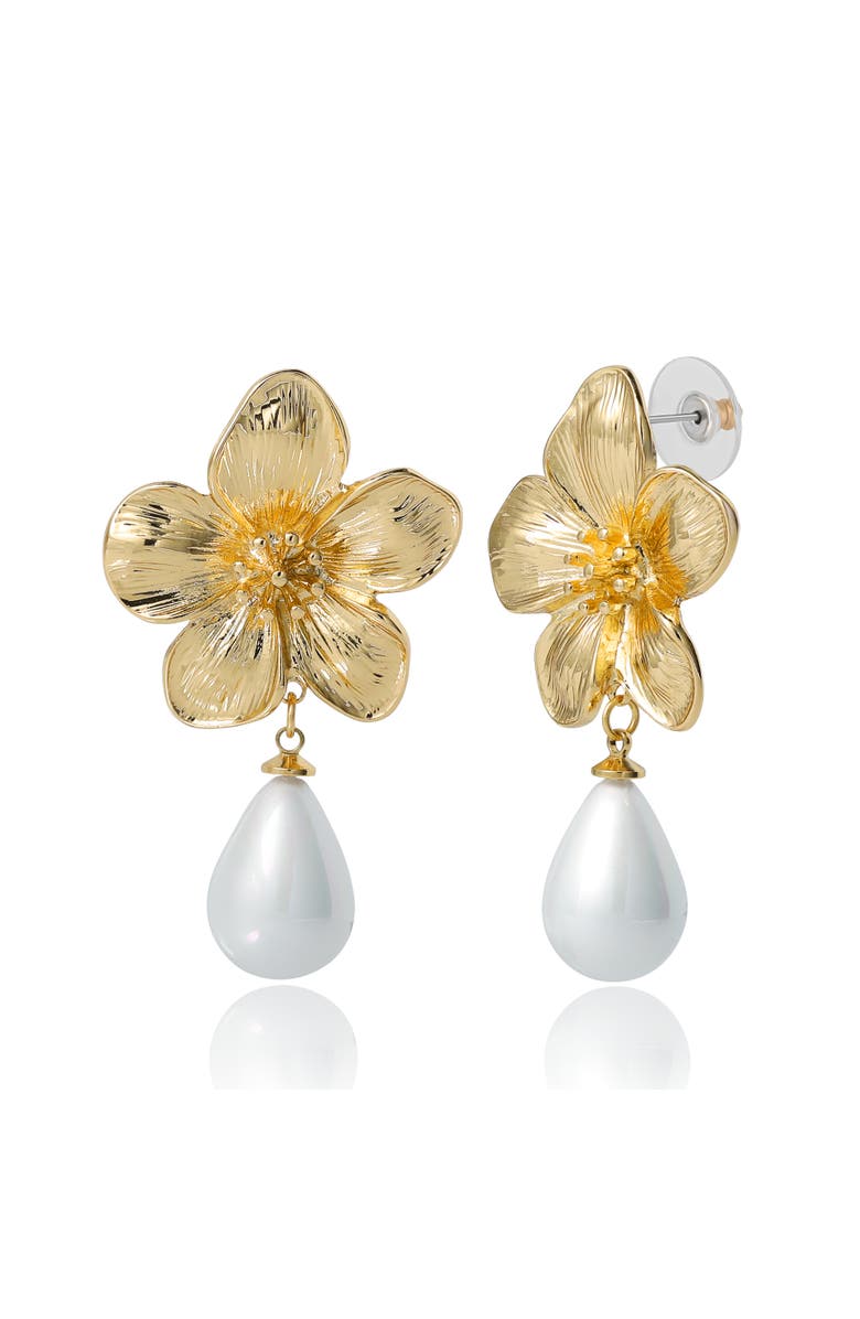 Jessica Simpson Gold-Tone Flower Earrings with Dangling Faux Pearl, Drop Earrings for Women, Main, color, Gold Tone