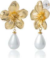 Jessica Simpson Gold-Tone Flower Earrings with Dangling Faux Pearl, Drop Earrings for Women