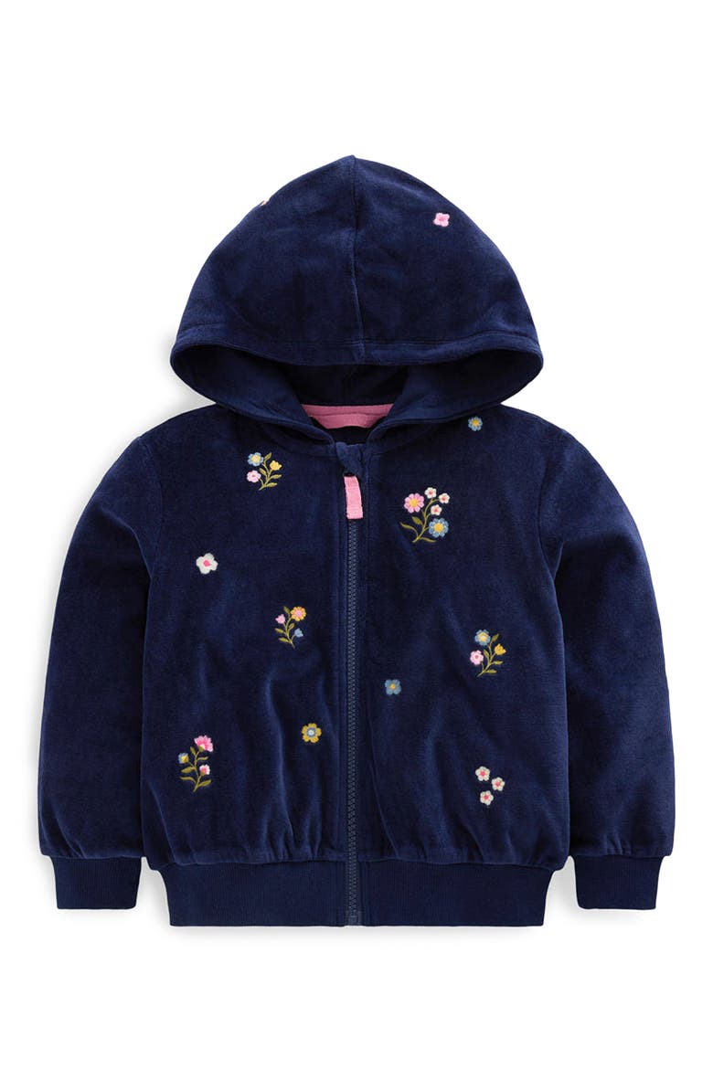 Kids' Embroidered Velour Full Zip Hoodie, Main, color, NAVY FLORAL EMBROIDERY
