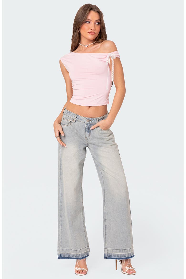 Lace Bow One-Shoulder Top, Alternate, color, PINK