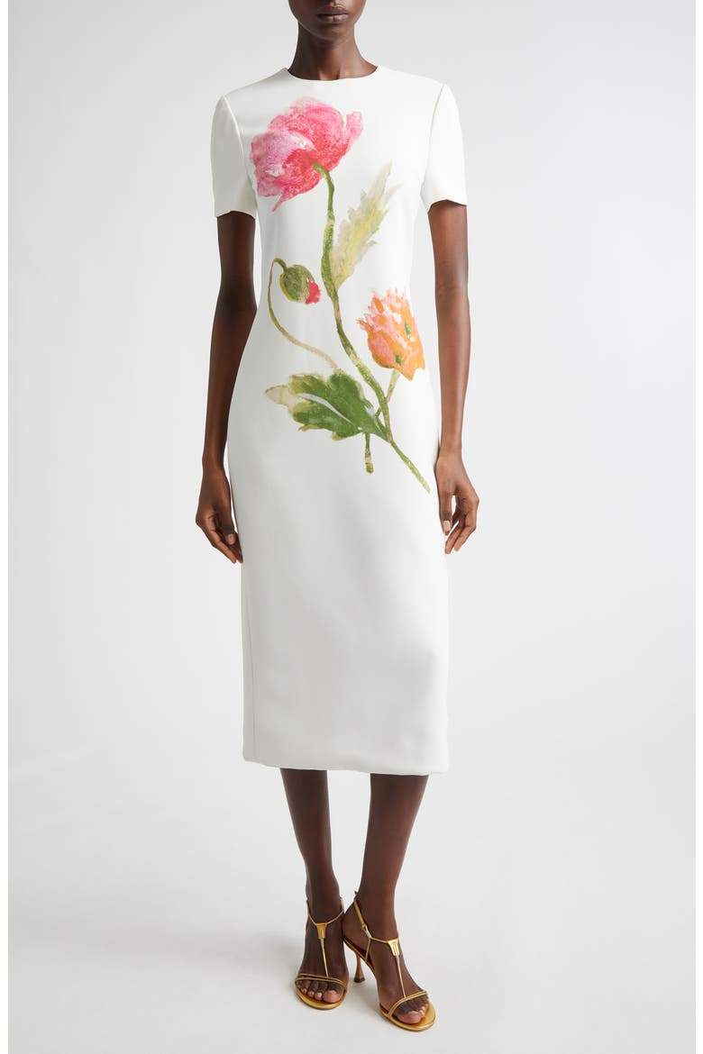 Poppy Print Short Sleeve Stretch Crepe Sheath Dress, Main, color, WHITE MULTI