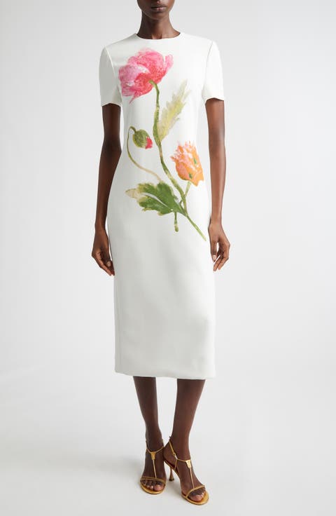 Poppy Print Short Sleeve Stretch Crepe Sheath Dress