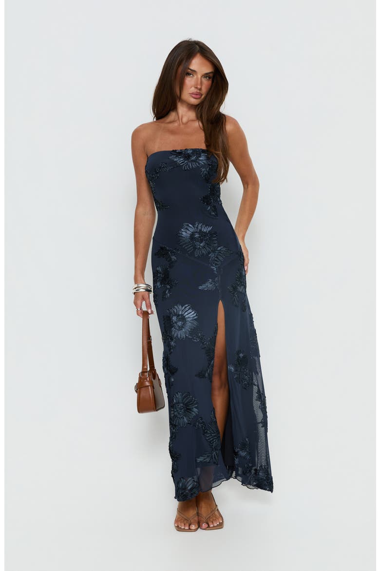 Maribeth Floral Appliqué Strapless Maxi Gown, Alternate, color, NAVY