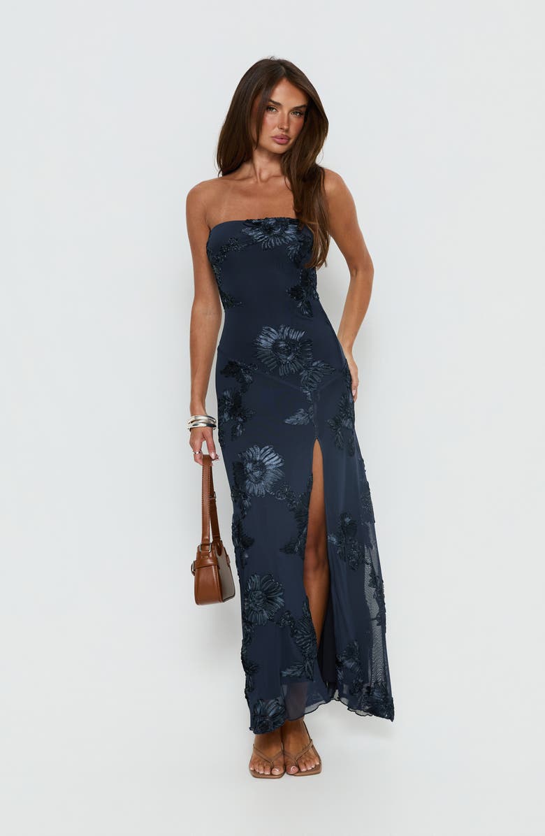 Princess Polly Maribeth Floral Appliqué Strapless Maxi Gown, Alternate, color, Navy